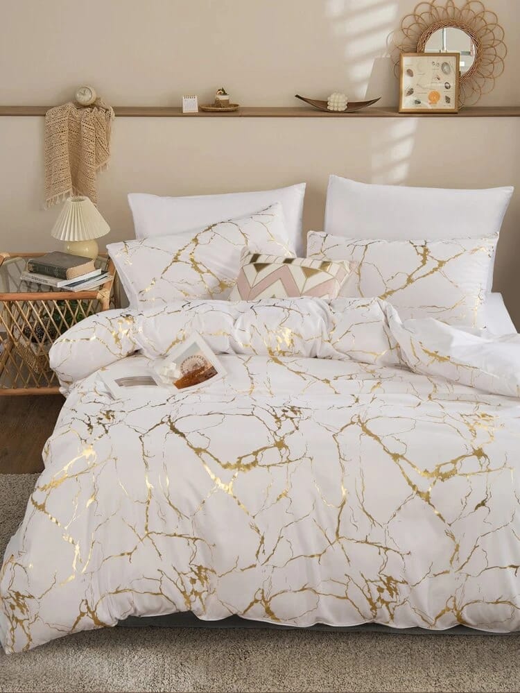 4Pcs of Luxury Gold Marble Texture Foil Style Duvet Covers Set ( 1 Duvet Cover, 2 Pillow cases and 1 Bed-sheet ) Bedding Set
