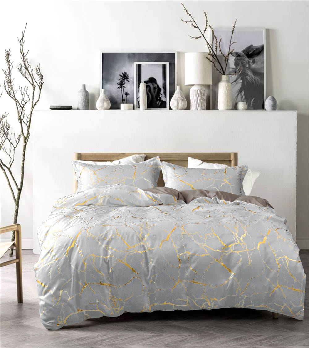 4Pcs of Luxury Gold Marble Texture Foil Style Duvet Covers Set ( 1 Duvet Cover, 2 Pillow cases and 1 Bed-sheet ) Bedding Set