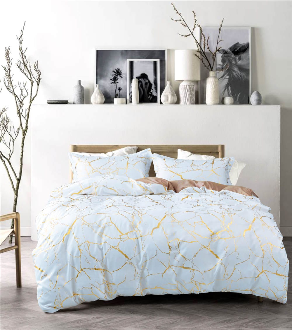 4Pcs of Luxury Gold Marble Texture Foil Style Duvet Covers Set ( 1 Duvet Cover, 2 Pillow cases and 1 Bed-sheet ) Bedding Set