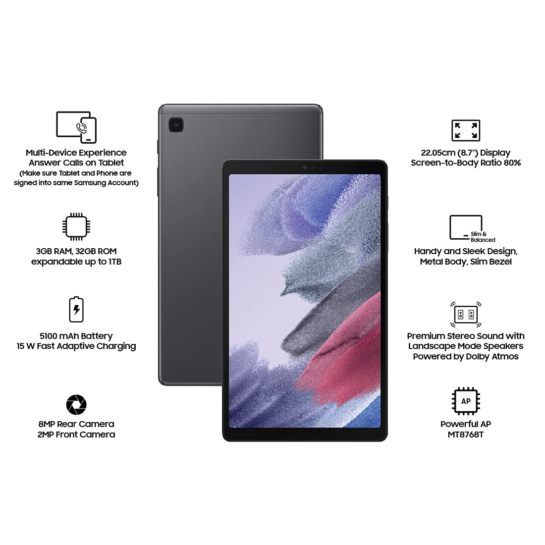 Samsung Galaxy Tablet - Tab A7 Lite – 8.7" – 32GB ROM + 3GB RAM+FREE BACK COVER