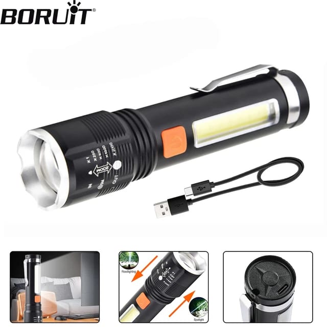 P50 Powerful LED Flashlight 4-Modes Type-C Rechargeable Tactical Telescopic Torch High Power Flashlight Emergency Light XH-P50 USB Rechargeable Retractable Zoom LED COB Torch Light With Pen Buckle Rop