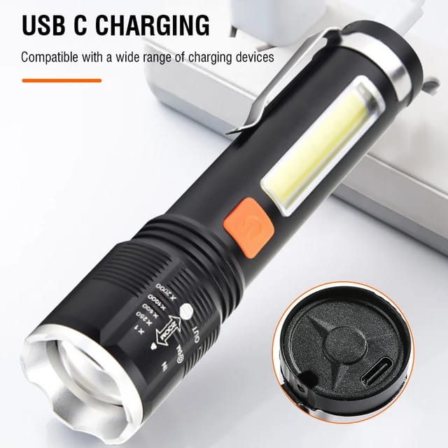 P50 Powerful LED Flashlight 4-Modes Type-C Rechargeable Tactical Telescopic Torch High Power Flashlight Emergency Light XH-P50 USB Rechargeable Retractable Zoom LED COB Torch Light With Pen Buckle Rop