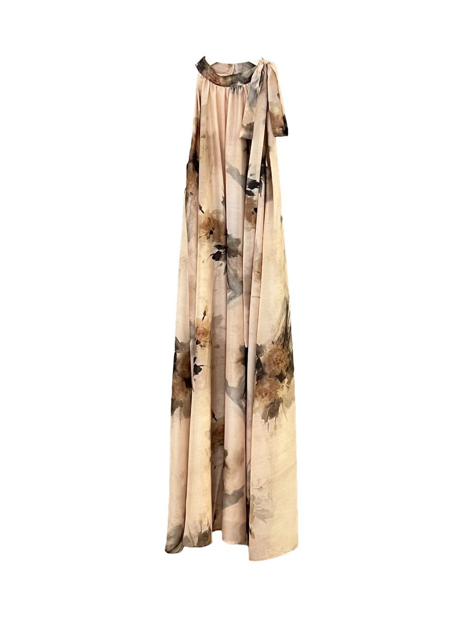 Retro print hanging neck vest skirt fairy summer vacation style loose and slimming dress