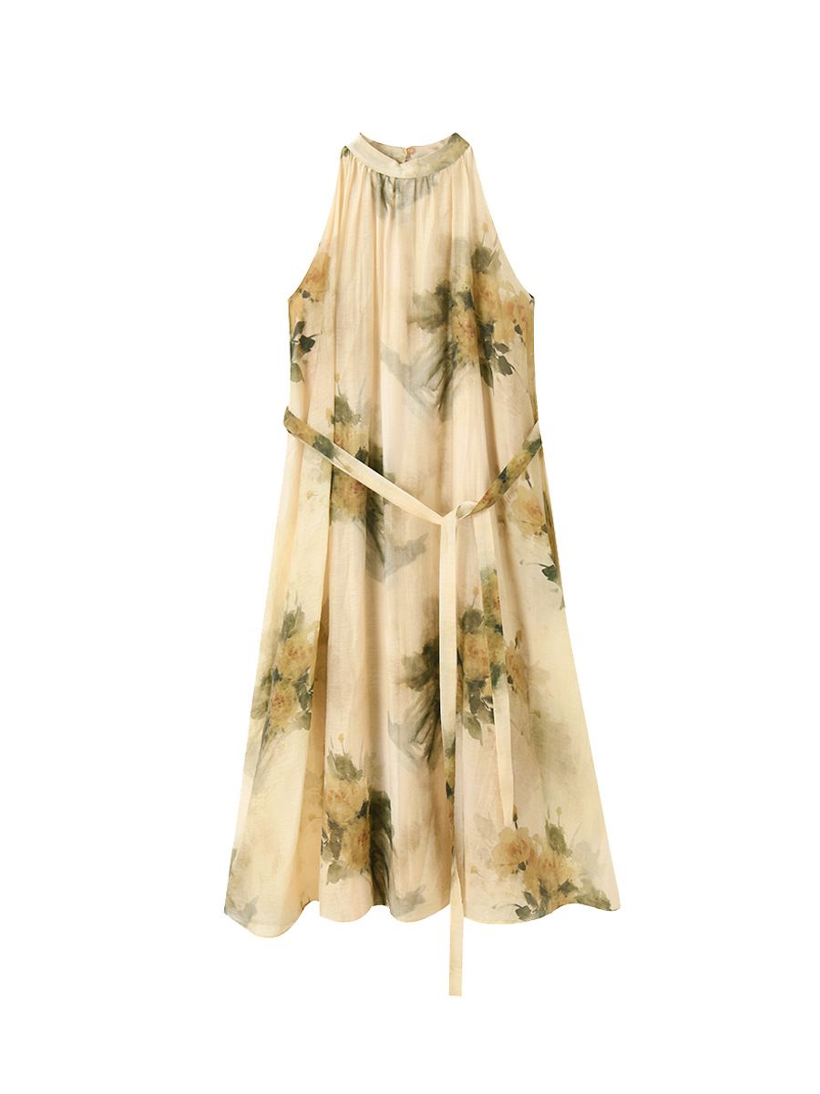 Retro print hanging neck vest skirt fairy summer vacation style loose and slimming dress