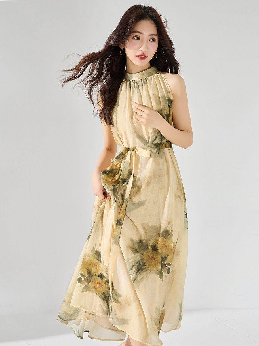 Retro print hanging neck vest skirt fairy summer vacation style loose and slimming dress