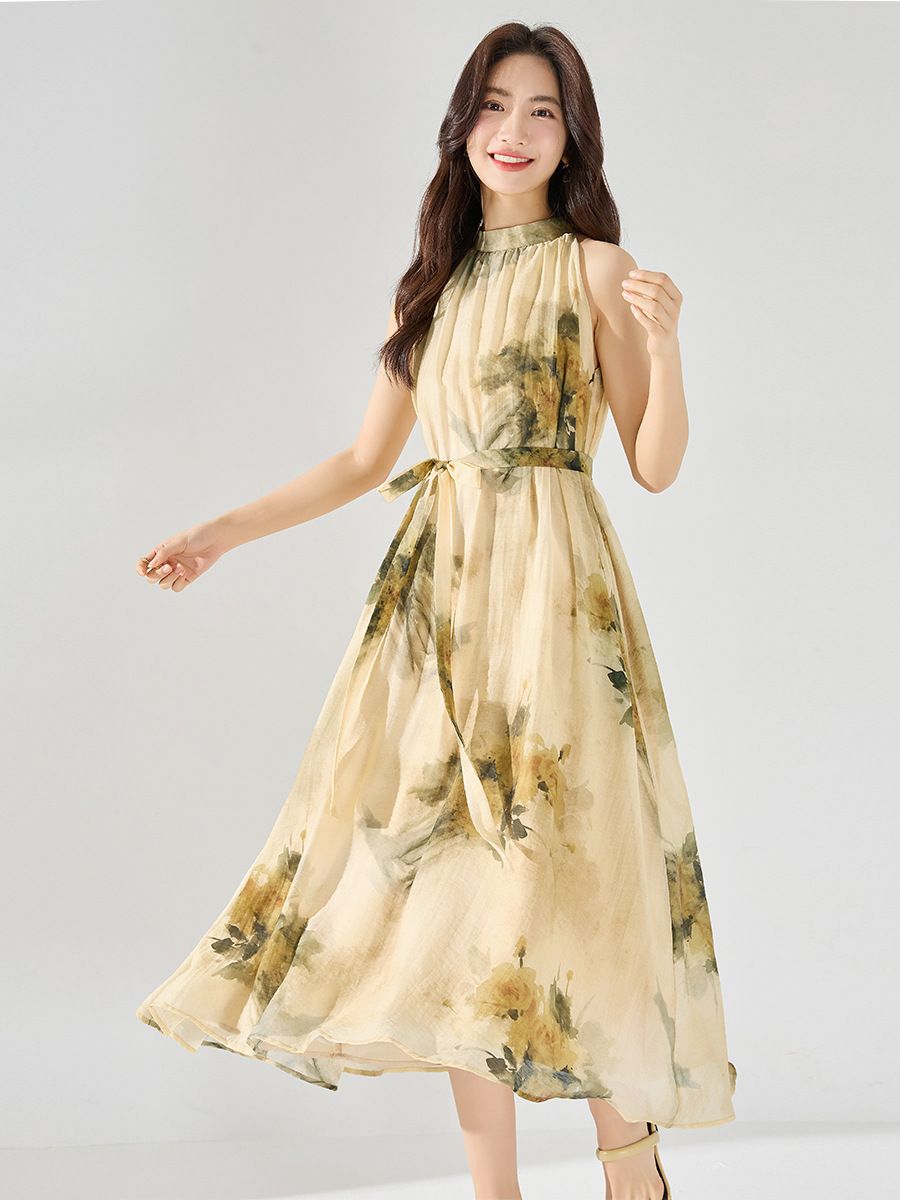 Retro print hanging neck vest skirt fairy summer vacation style loose and slimming dress