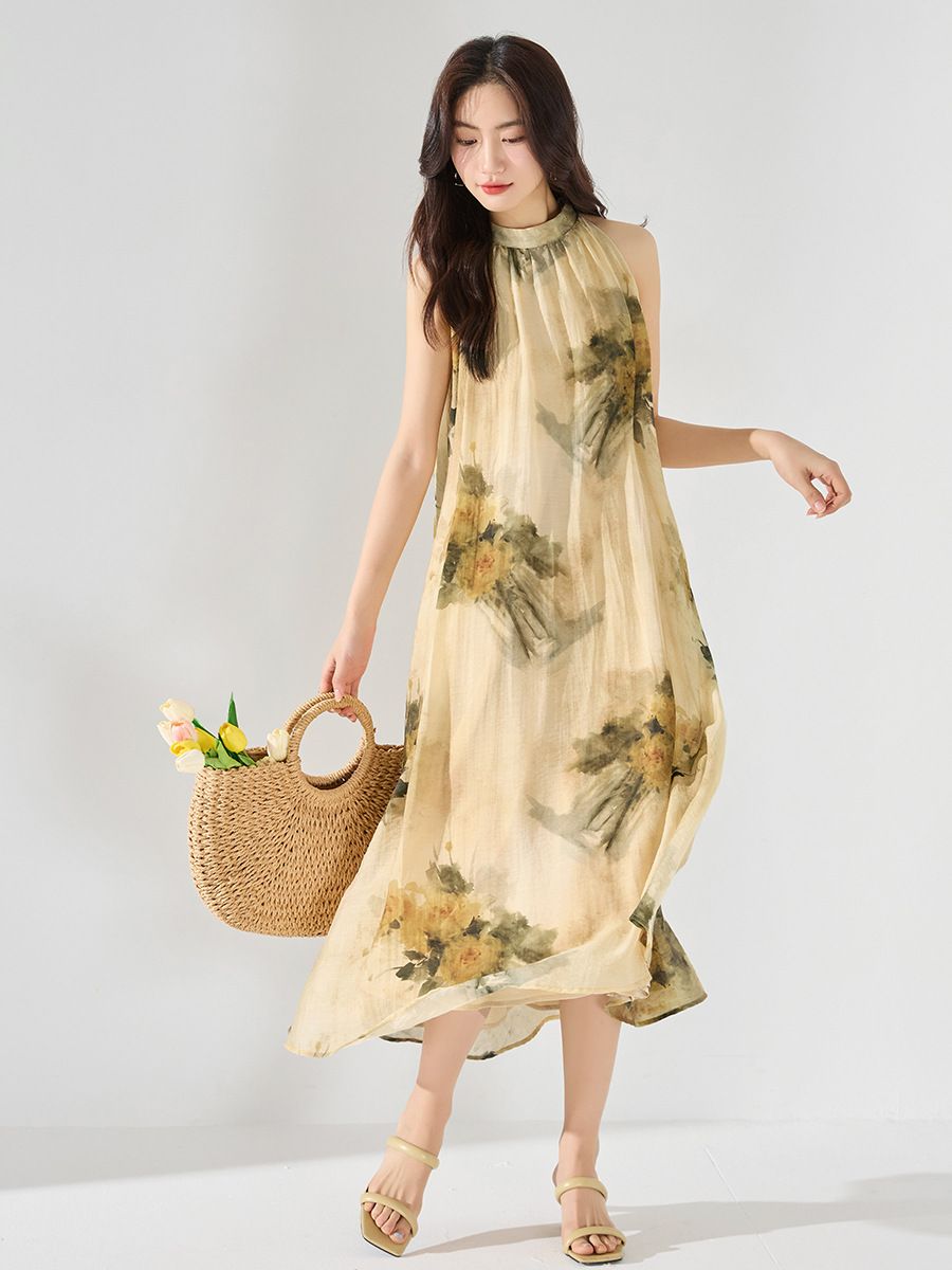 Retro print hanging neck vest skirt fairy summer vacation style loose and slimming dress