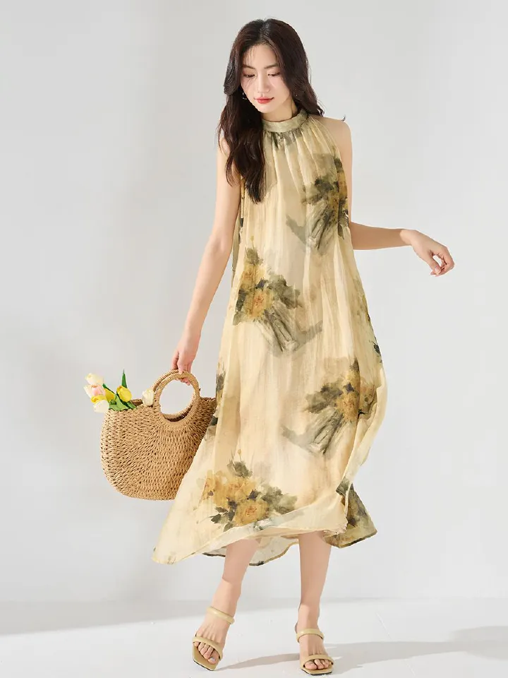 Retro print hanging neck vest skirt fairy summer vacation style loose and slimming dress