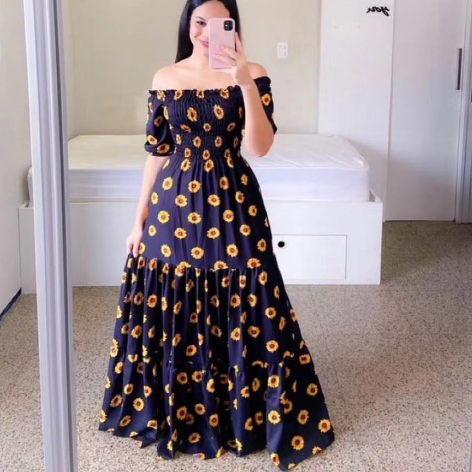 New Spring/Summer European and American Women's Dress One Shoulder Fragmented Flower Dew Shoulder Long Printed Fairy Dress
