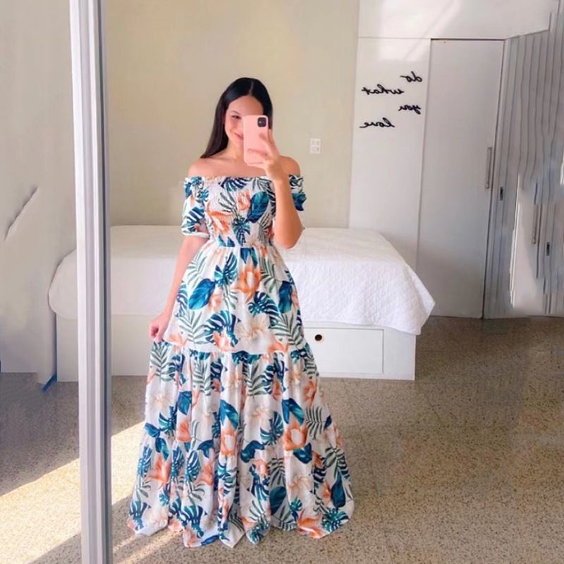 New Spring/Summer European and American Women's Dress One Shoulder Fragmented Flower Dew Shoulder Long Printed Fairy Dress
