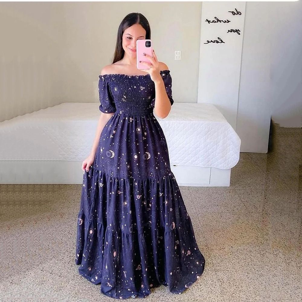 New Spring/Summer European and American Women's Dress One Shoulder Fragmented Flower Dew Shoulder Long Printed Fairy Dress
