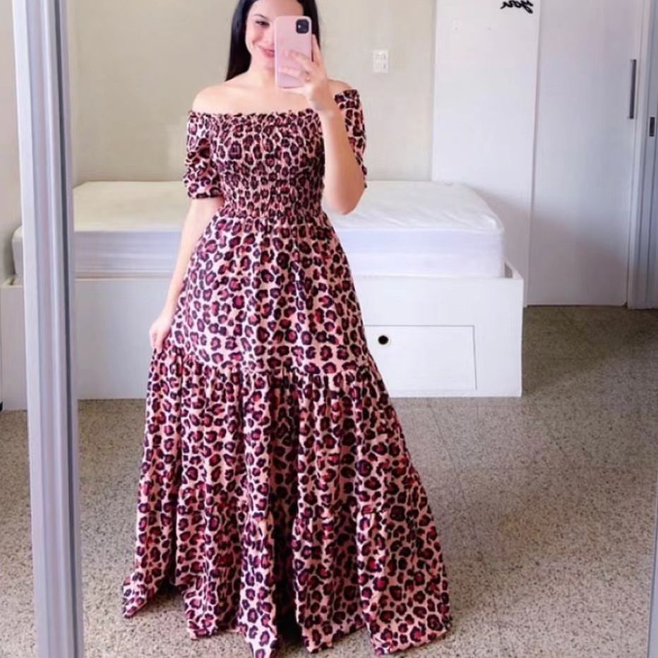 New Spring/Summer European and American Women's Dress One Shoulder Fragmented Flower Dew Shoulder Long Printed Fairy Dress