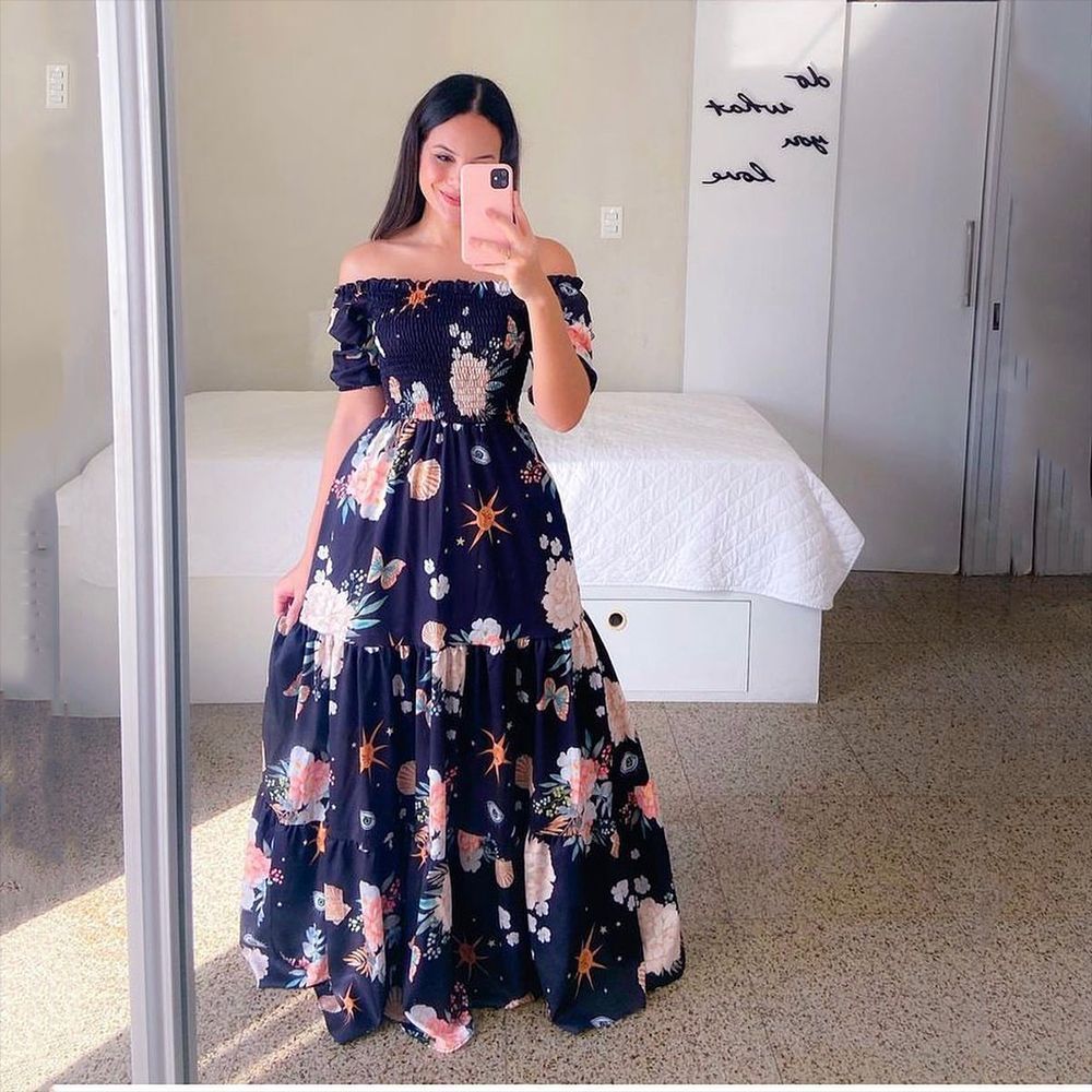 New Spring/Summer European and American Women's Dress One Shoulder Fragmented Flower Dew Shoulder Long Printed Fairy Dress