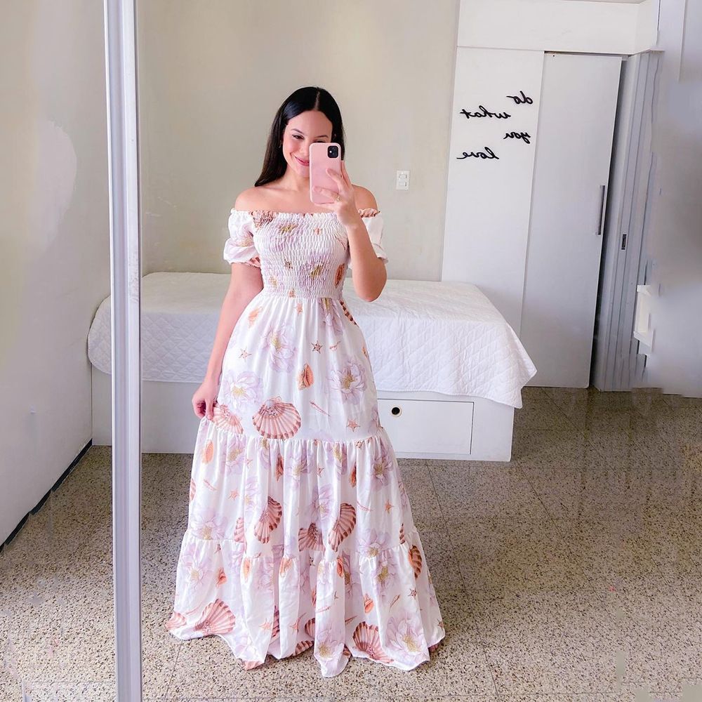 New Spring/Summer European and American Women's Dress One Shoulder Fragmented Flower Dew Shoulder Long Printed Fairy Dress