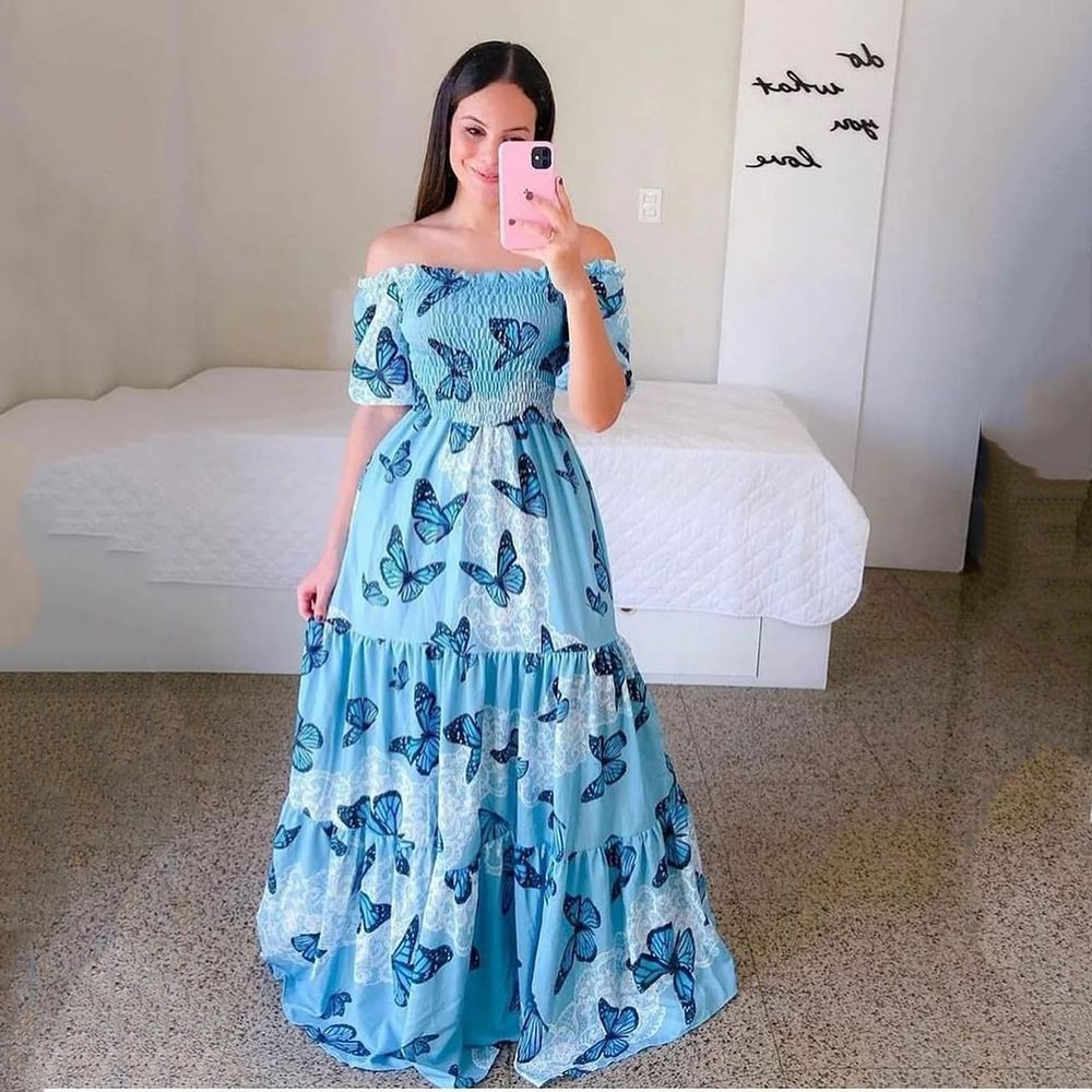New Spring/Summer European and American Women's Dress One Shoulder Fragmented Flower Dew Shoulder Long Printed Fairy Dress