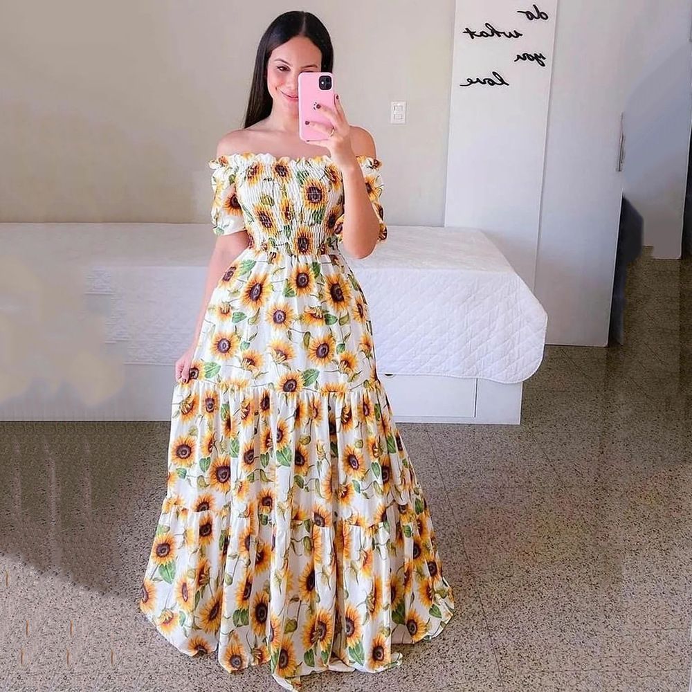 New Spring/Summer European and American Women's Dress One Shoulder Fragmented Flower Dew Shoulder Long Printed Fairy Dress