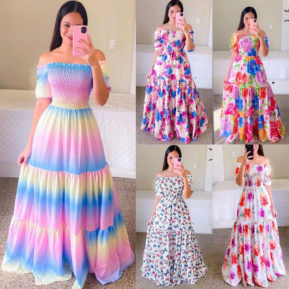 New Spring/Summer European and American Women's Dress One Shoulder Fragmented Flower Dew Shoulder Long Printed Fairy Dress