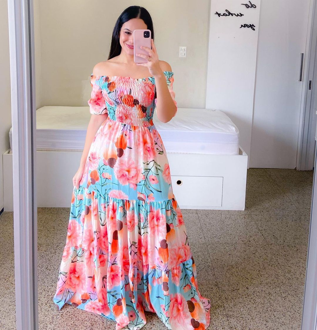 New Spring/Summer European and American Women's Dress One Shoulder Fragmented Flower Dew Shoulder Long Printed Fairy Dress