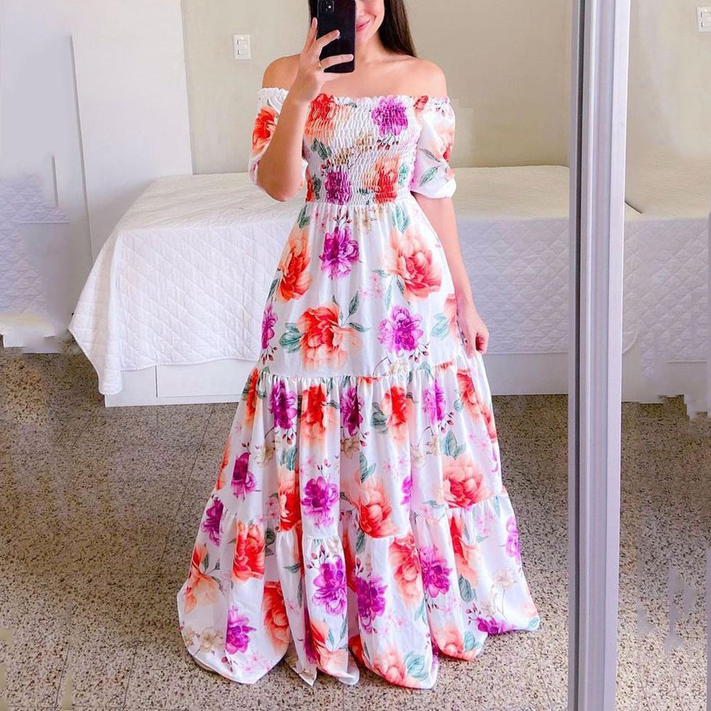 New Spring/Summer European and American Women's Dress One Shoulder Fragmented Flower Dew Shoulder Long Printed Fairy Dress