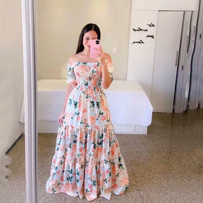 New Spring/Summer European and American Women's Dress One Shoulder Fragmented Flower Dew Shoulder Long Printed Fairy Dress