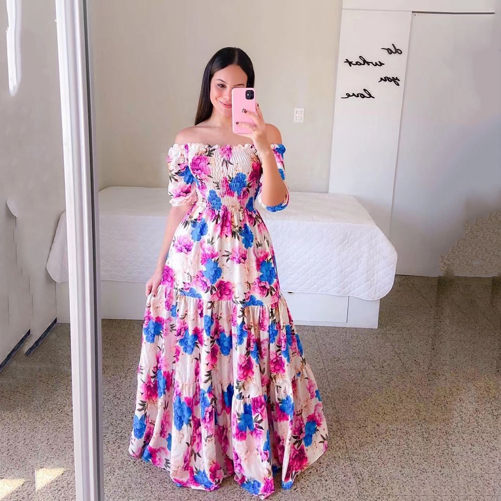 New Spring/Summer European and American Women's Dress One Shoulder Fragmented Flower Dew Shoulder Long Printed Fairy Dress
