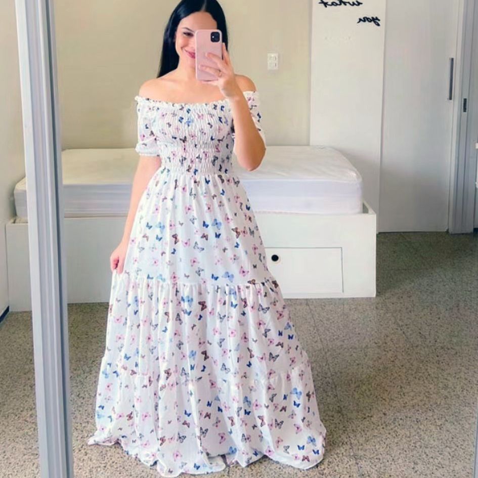 New Spring/Summer European and American Women's Dress One Shoulder Fragmented Flower Dew Shoulder Long Printed Fairy Dress