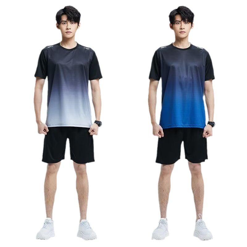Men's clothing short sleeved sports ice silk set, summer new gradient tie dye running and fitness thin shorts
