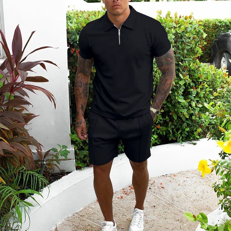 Men's short sleeved shorts casual set, slim fitting men's summer cross-border two-piece set, solid color