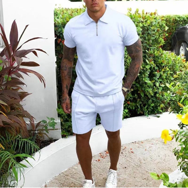 Men's short sleeved shorts casual set, slim fitting men's summer cross-border two-piece set, solid color