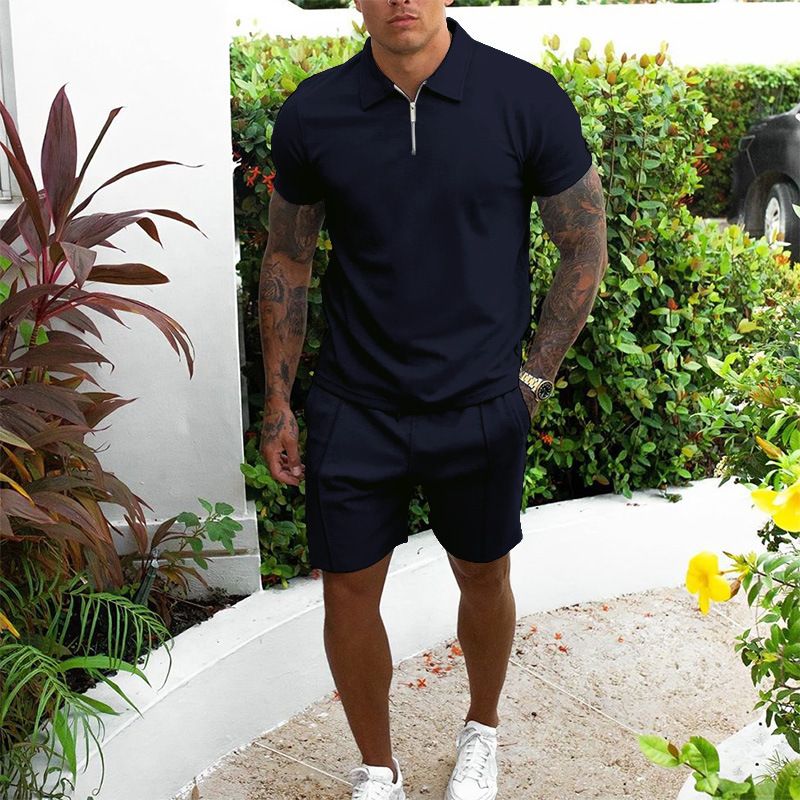 Men's short sleeved shorts casual set, slim fitting men's summer cross-border two-piece set, solid color