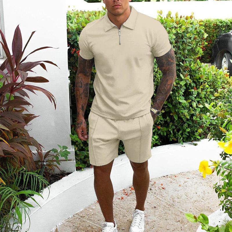 Men's short sleeved shorts casual set, slim fitting men's summer cross-border two-piece set, solid color