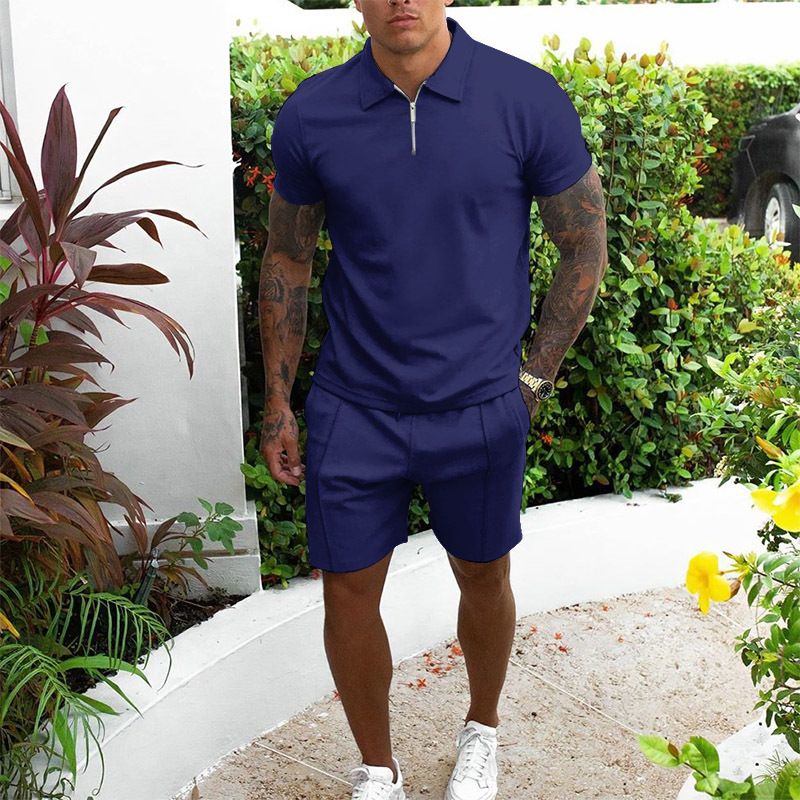 Men's short sleeved shorts casual set, slim fitting men's summer cross-border two-piece set, solid color