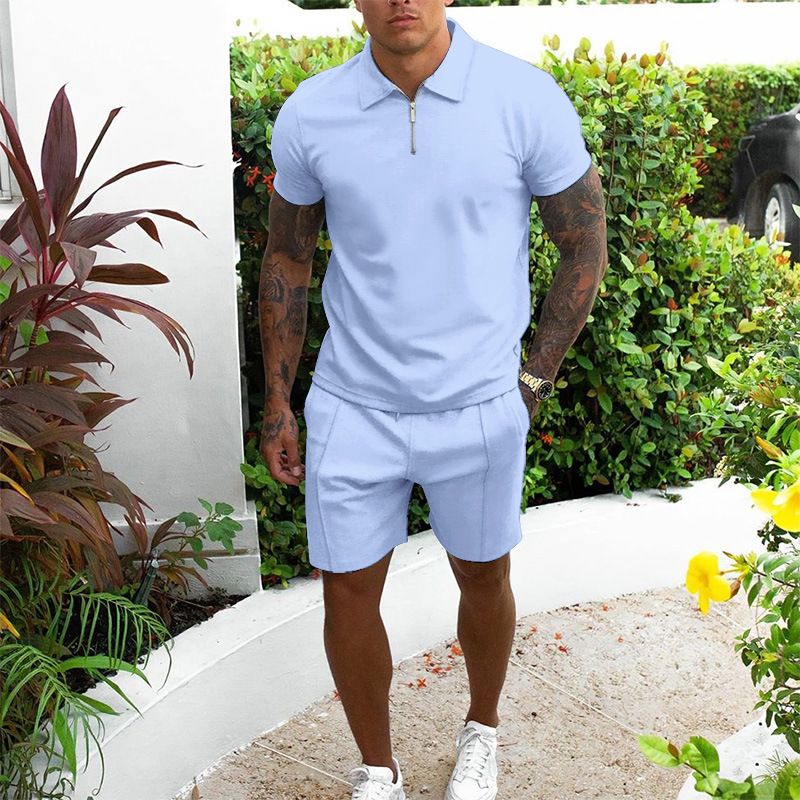 Men's short sleeved shorts casual set, slim fitting men's summer cross-border two-piece set, solid color