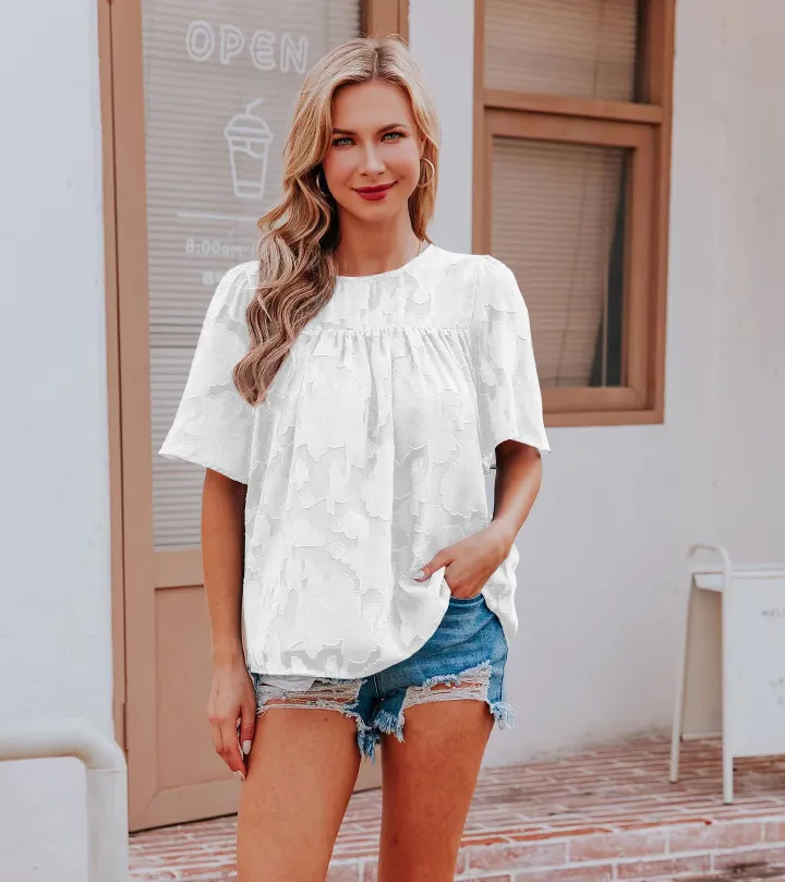 New summer shirt, trumpet sleeve doll outfit, lace hollow chiffon top for women, fashionable solid color T-shirt, Amazon bestseller