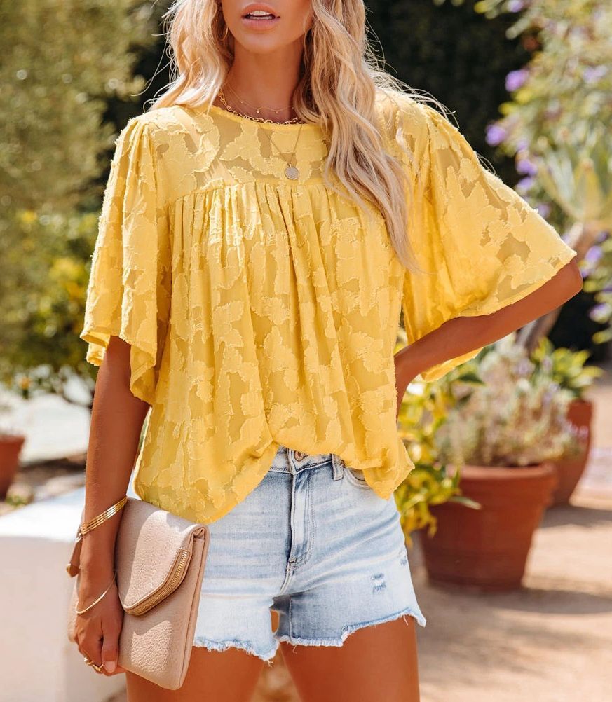 New summer shirt, trumpet sleeve doll outfit, lace hollow chiffon top for women, fashionable solid color T-shirt, Amazon bestseller
