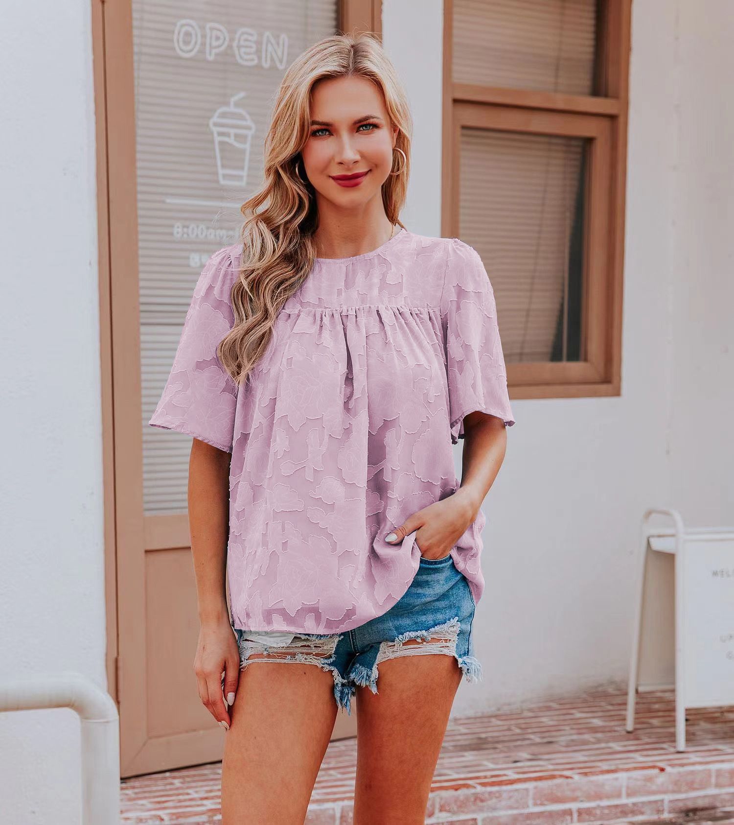 New summer shirt, trumpet sleeve doll outfit, lace hollow chiffon top for women, fashionable solid color T-shirt, Amazon bestseller