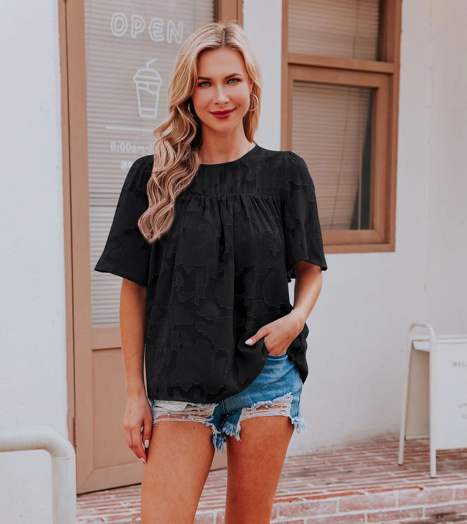 New summer shirt, trumpet sleeve doll outfit, lace hollow chiffon top for women, fashionable solid color T-shirt, Amazon bestseller