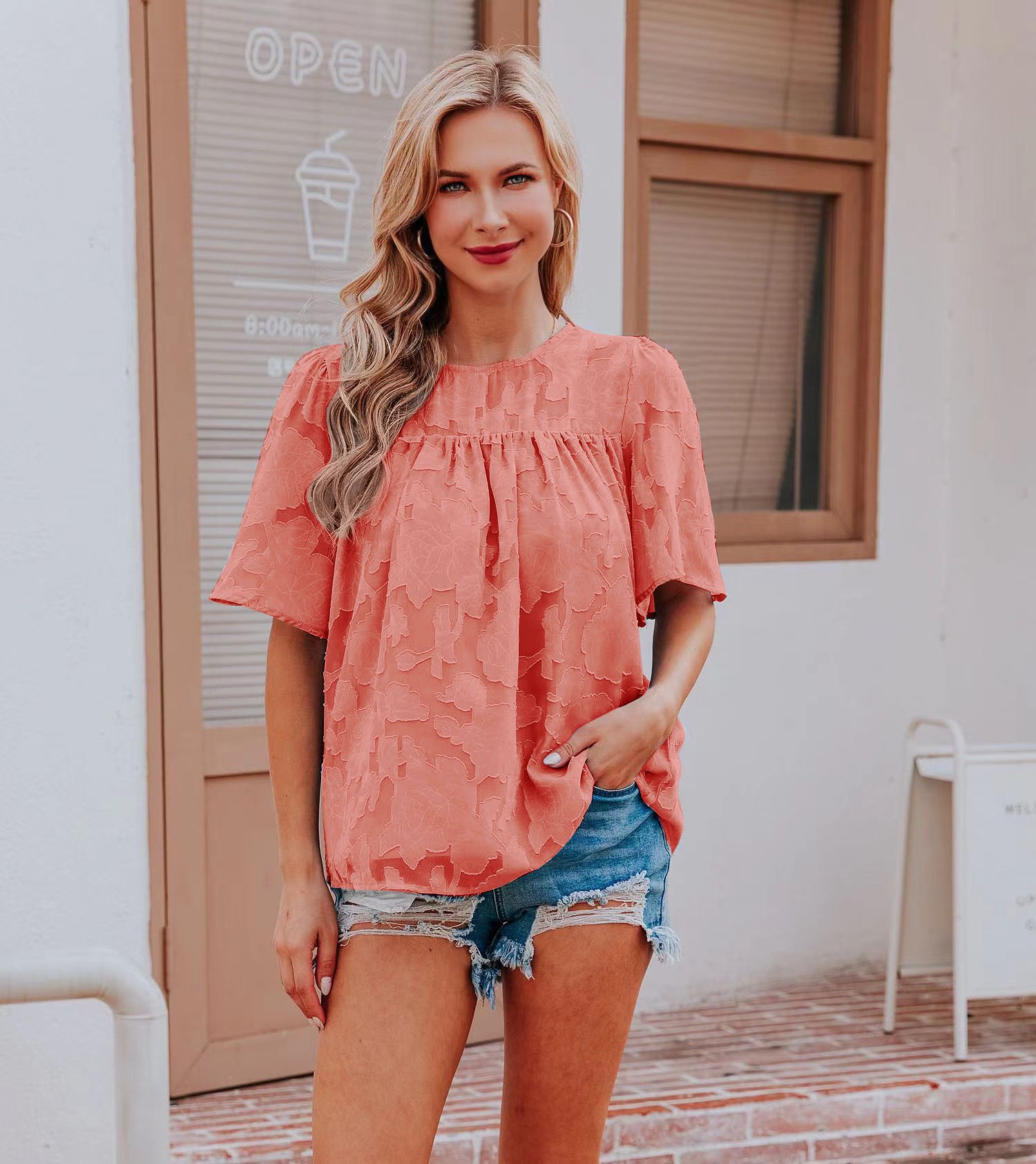 New summer shirt, trumpet sleeve doll outfit, lace hollow chiffon top for women, fashionable solid color T-shirt, Amazon bestseller