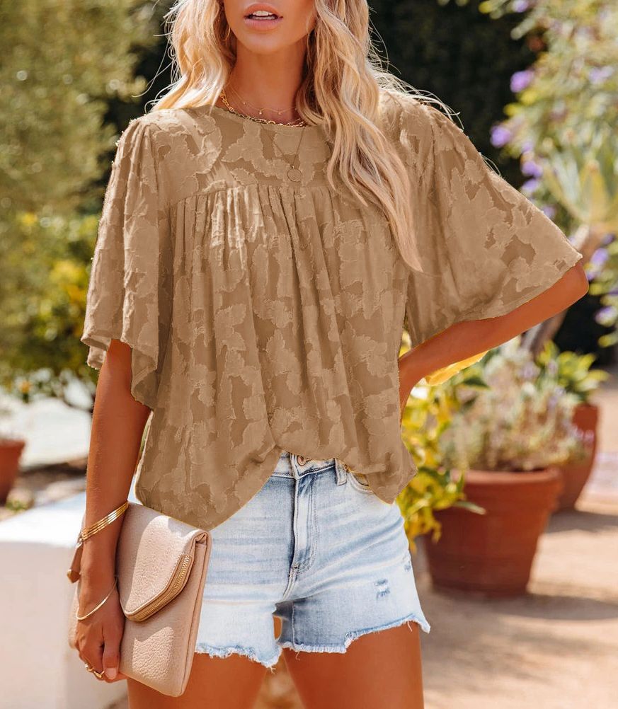 New summer shirt, trumpet sleeve doll outfit, lace hollow chiffon top for women, fashionable solid color T-shirt, Amazon bestseller