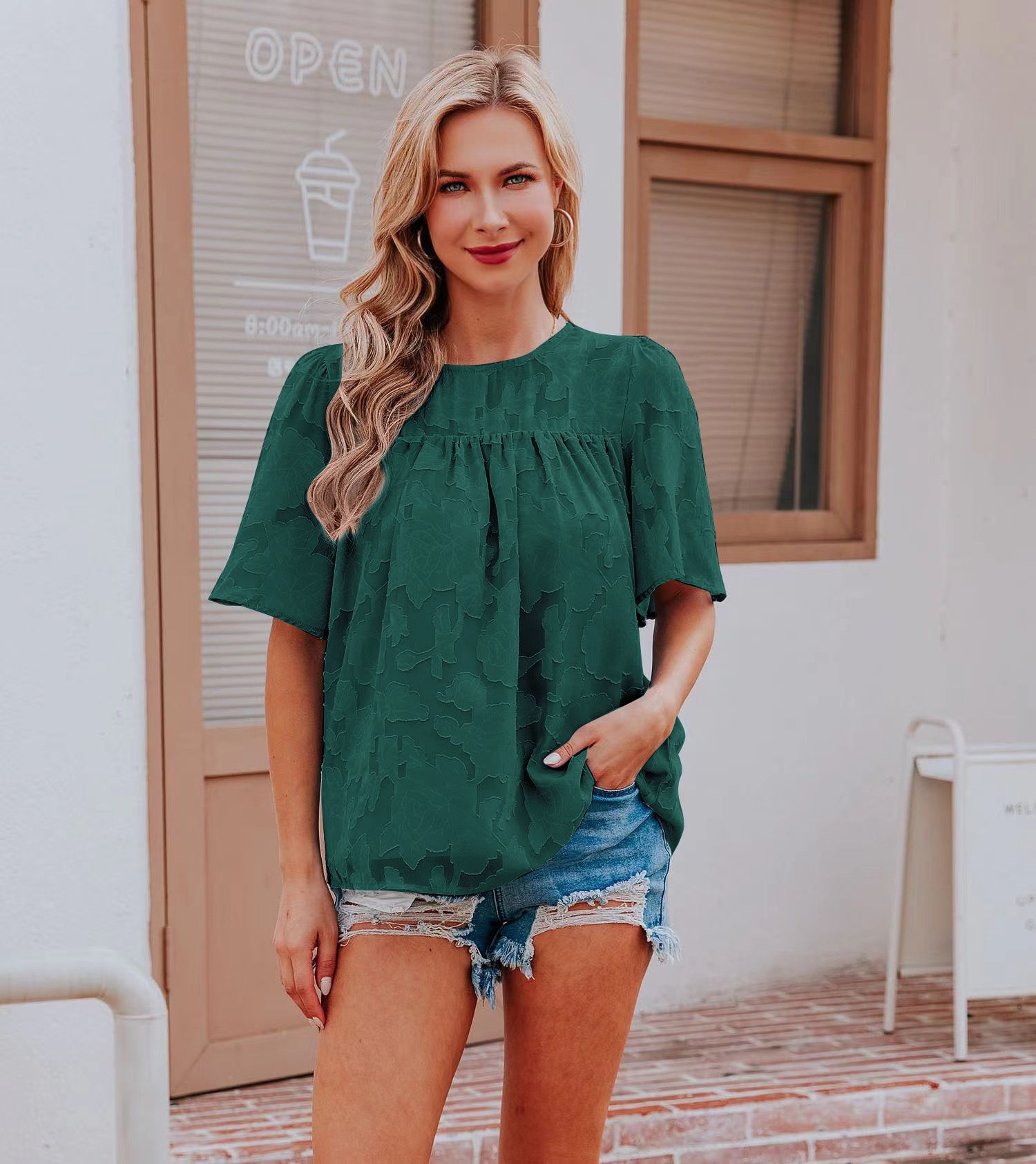 New summer shirt, trumpet sleeve doll outfit, lace hollow chiffon top for women, fashionable solid color T-shirt, Amazon bestseller