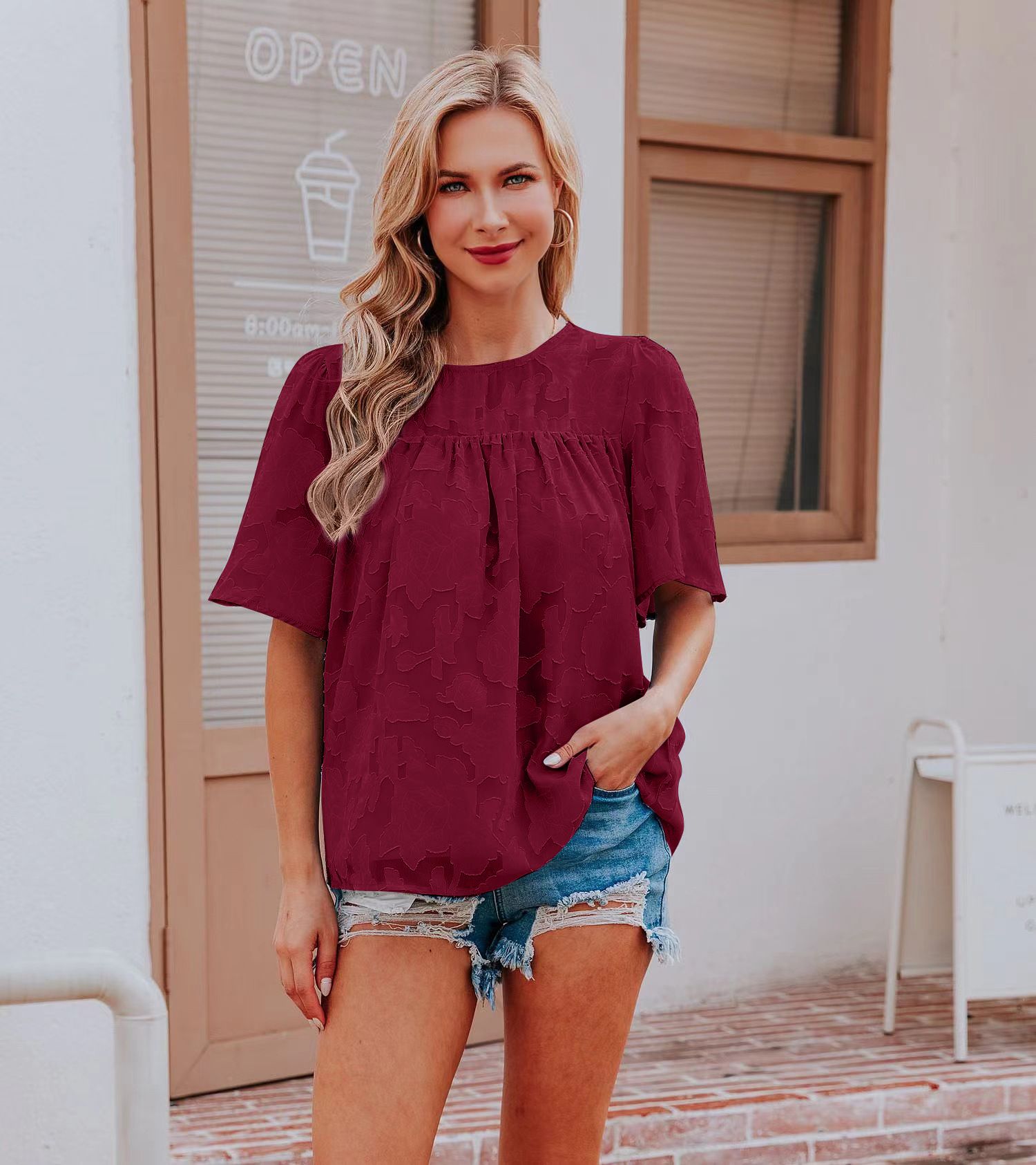 New summer shirt, trumpet sleeve doll outfit, lace hollow chiffon top for women, fashionable solid color T-shirt, Amazon bestseller