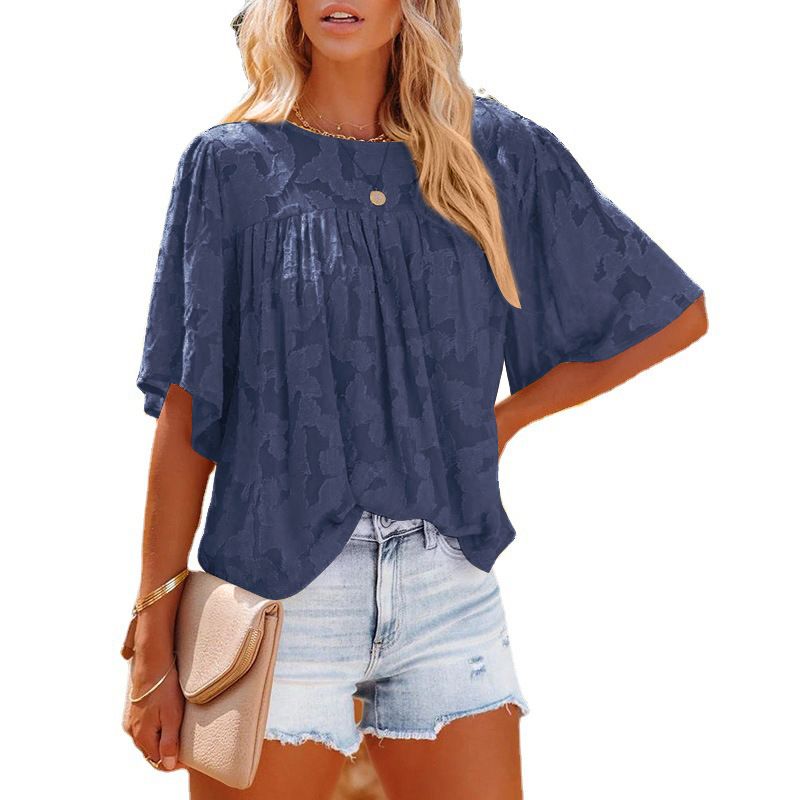 New summer shirt, trumpet sleeve doll outfit, lace hollow chiffon top for women, fashionable solid color T-shirt, Amazon bestseller