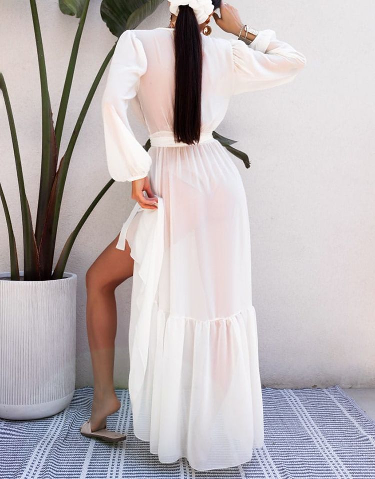 European and American style V-neck bubble sleeve ruffled cardigan chiffon dress