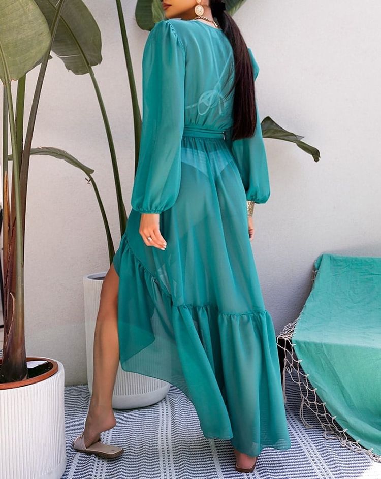 European and American style V-neck bubble sleeve ruffled cardigan chiffon dress