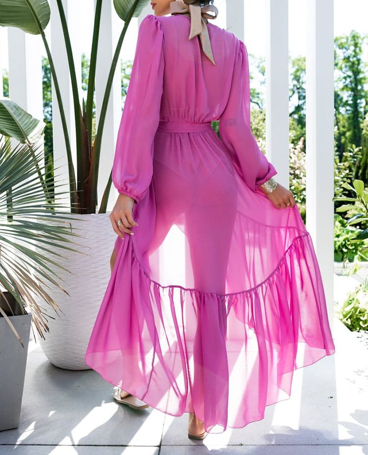 European and American style V-neck bubble sleeve ruffled cardigan chiffon dress