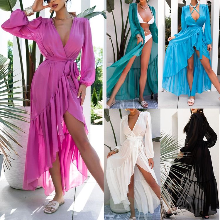 European and American style V-neck bubble sleeve ruffled cardigan chiffon dress