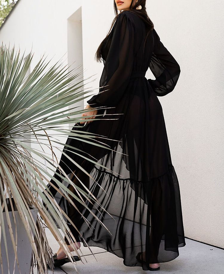 European and American style V-neck bubble sleeve ruffled cardigan chiffon dress