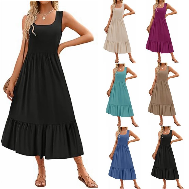 2024 popular European and American women's clothing, new square neckline pleated large hem dress, sleeveless pocket dress, soft and breathable dress for women, solid color fashion, simple and versatil