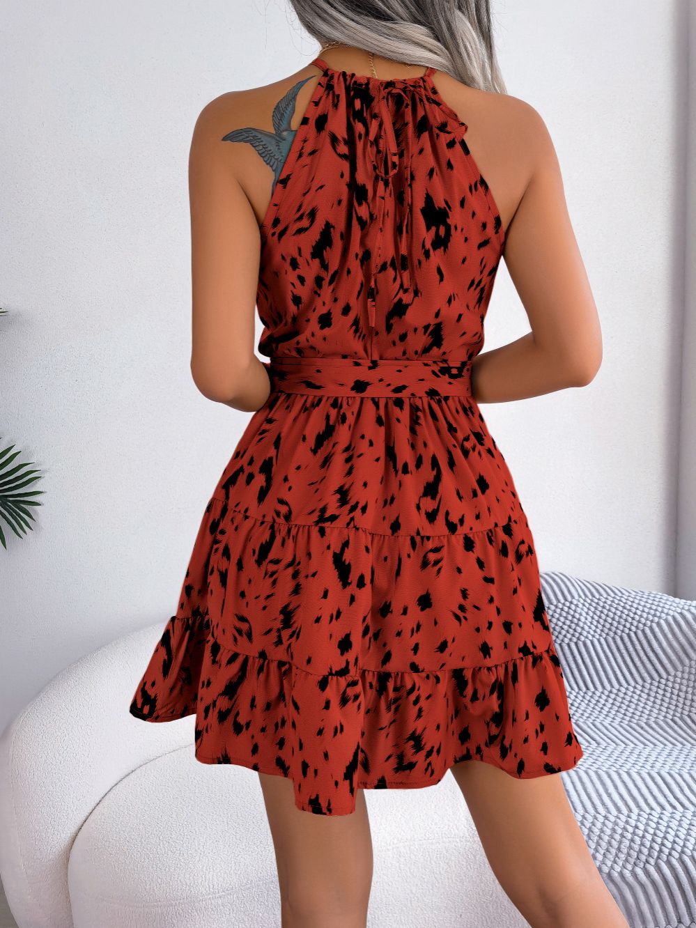 2024 new women's clothing, Instagram style photo shoot, casual leopard print ruffle edge dress, large hem hanging neck long skirt, sleeveless long skirt, fashionable and versatile, simple and atmosphe