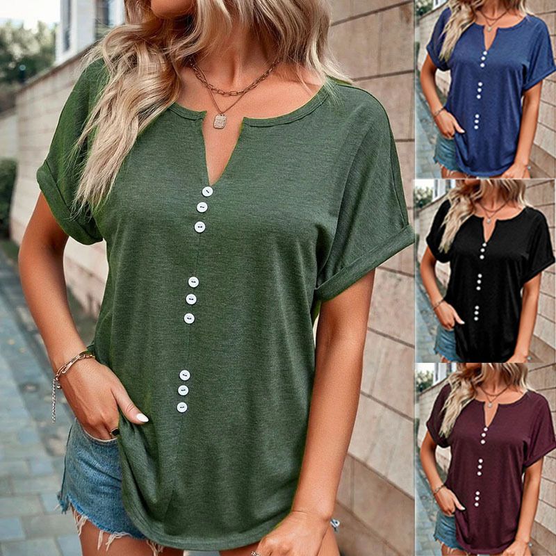 Hot selling new women's clothing in Europe and America, popular summer V-neck button short sleeves, solid color top T-shirt, fashionable and versatile